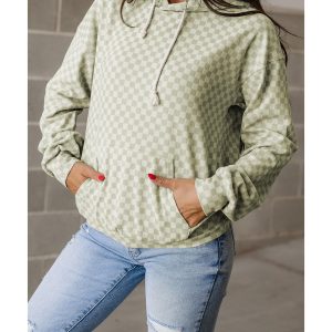 Green Checkered Print Kangaroo Pocket Drawstring Hoodie