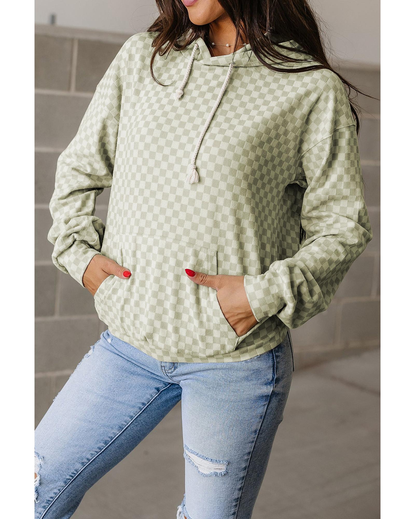 Green Checkered Print Kangaroo Pocket Drawstring Hoodie