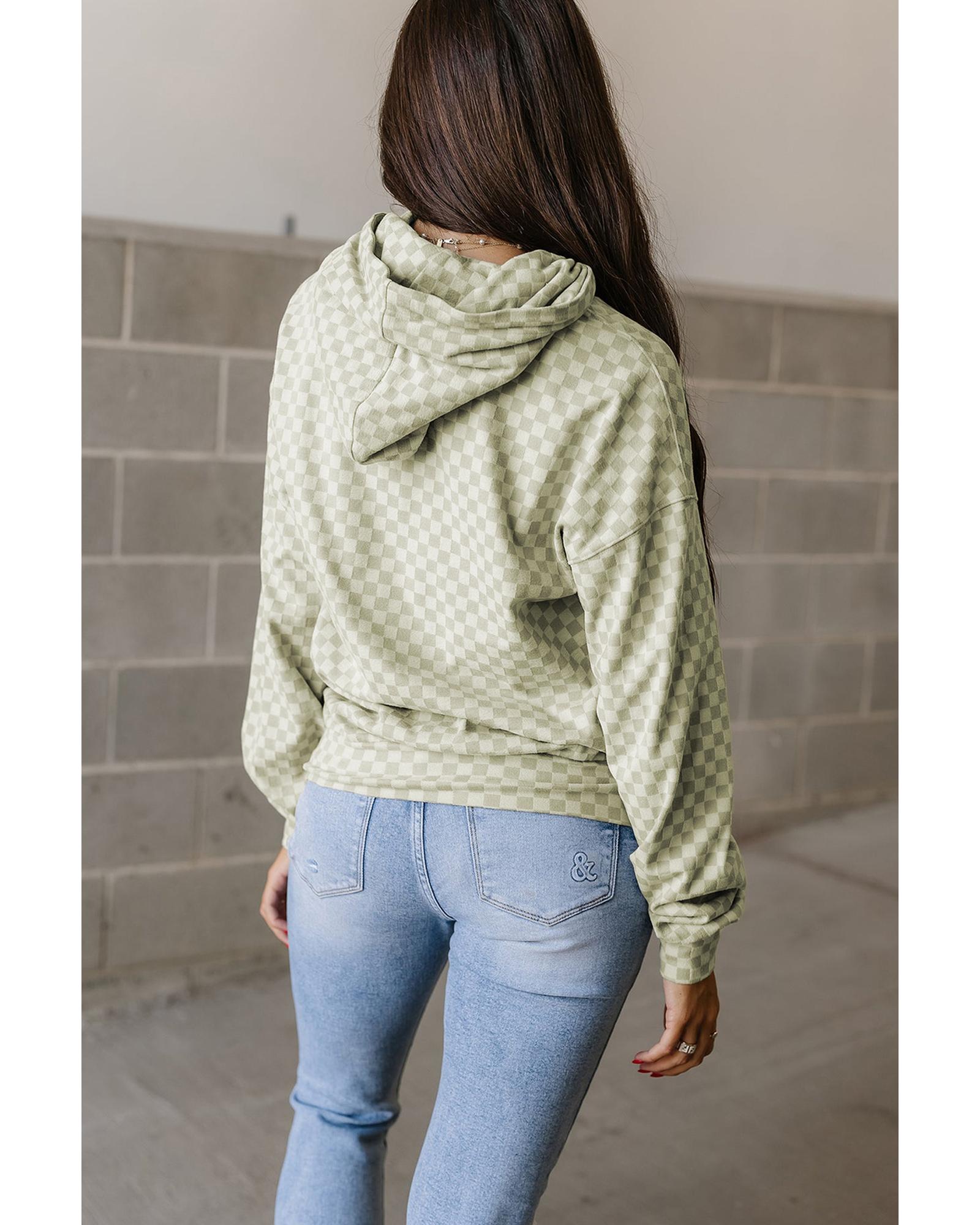 Green Checkered Print Kangaroo Pocket Drawstring Hoodie - Image 2