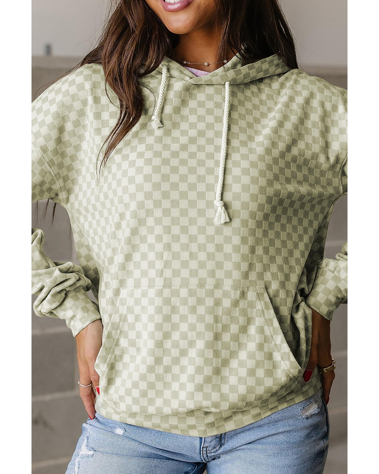 Green Checkered Print Kangaroo Pocket Drawstring Hoodie - Image 3