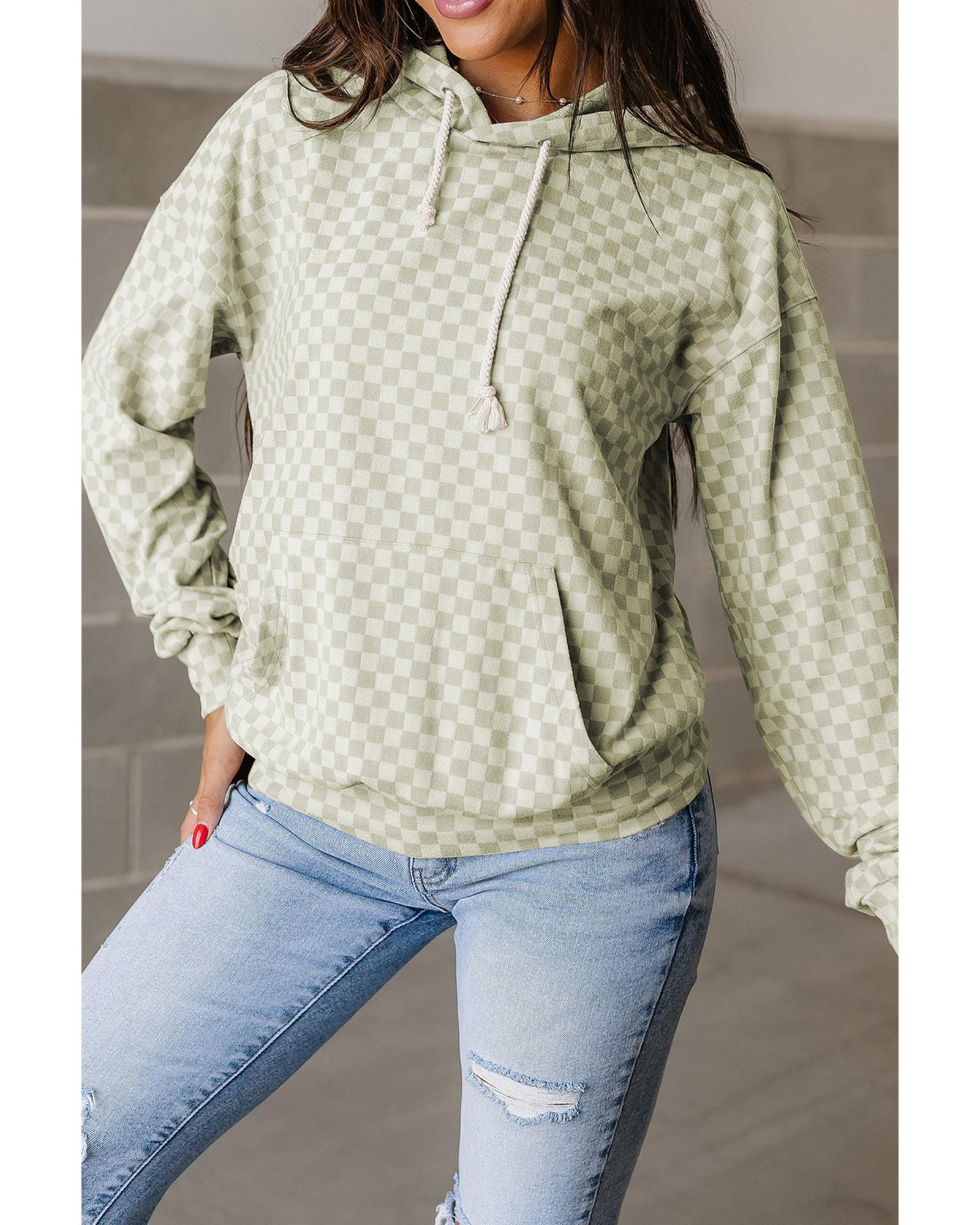 Green Checkered Print Kangaroo Pocket Drawstring Hoodie - Image 4