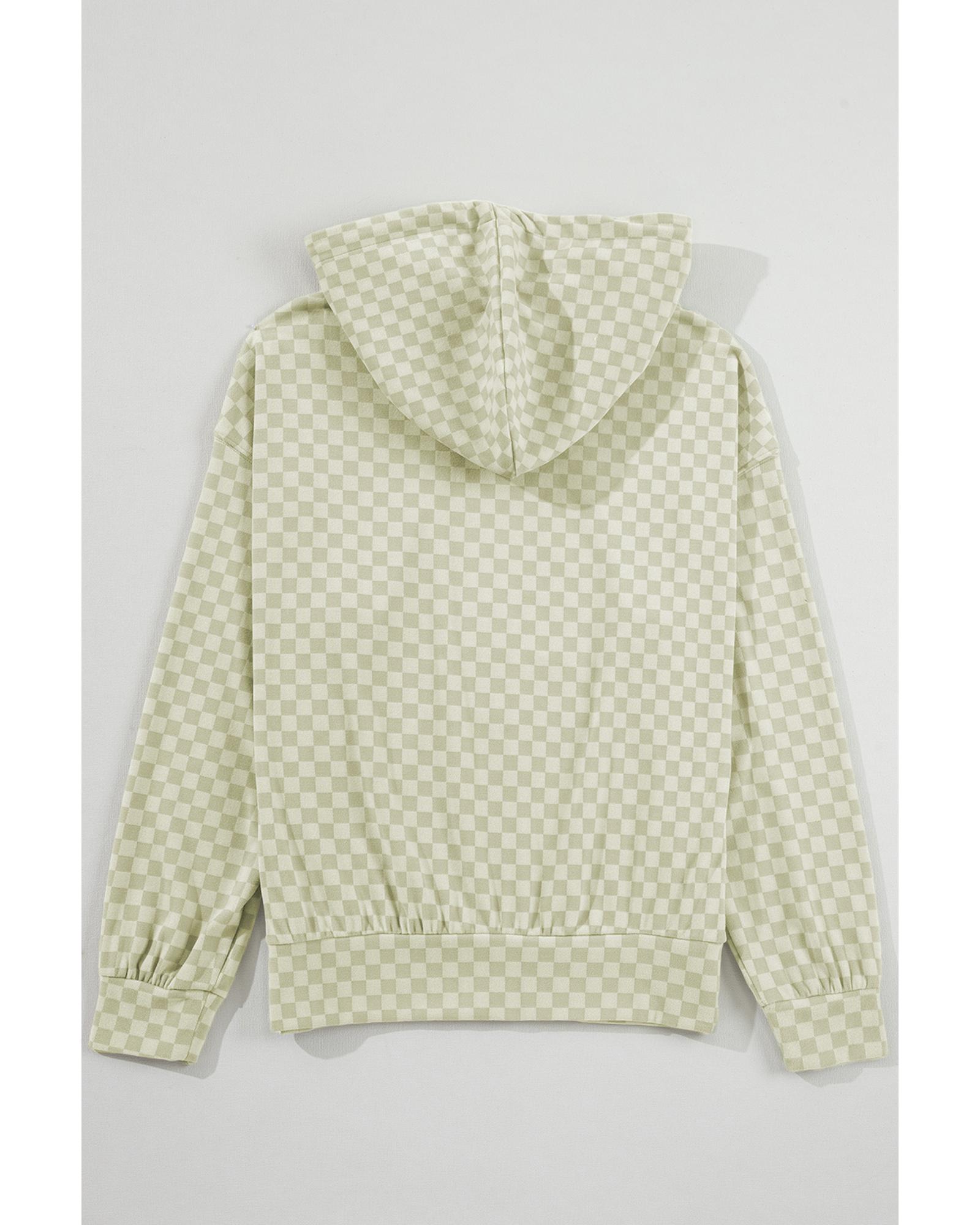 Green Checkered Print Kangaroo Pocket Drawstring Hoodie - Image 5