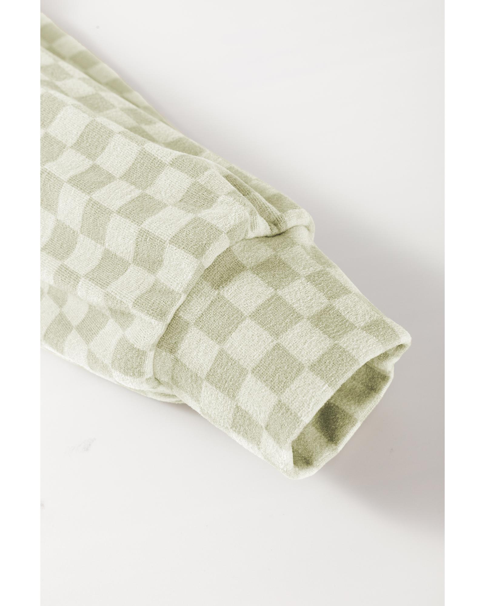 Green Checkered Print Kangaroo Pocket Drawstring Hoodie - Image 6