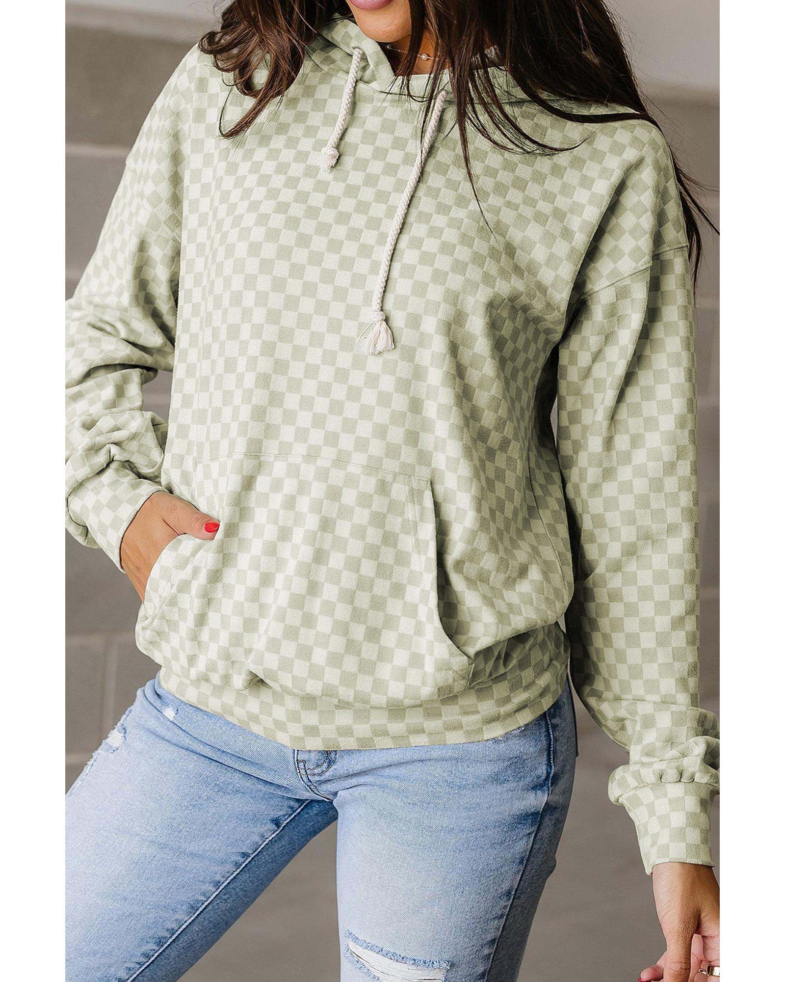 Green Checkered Print Kangaroo Pocket Drawstring Hoodie - Image 8