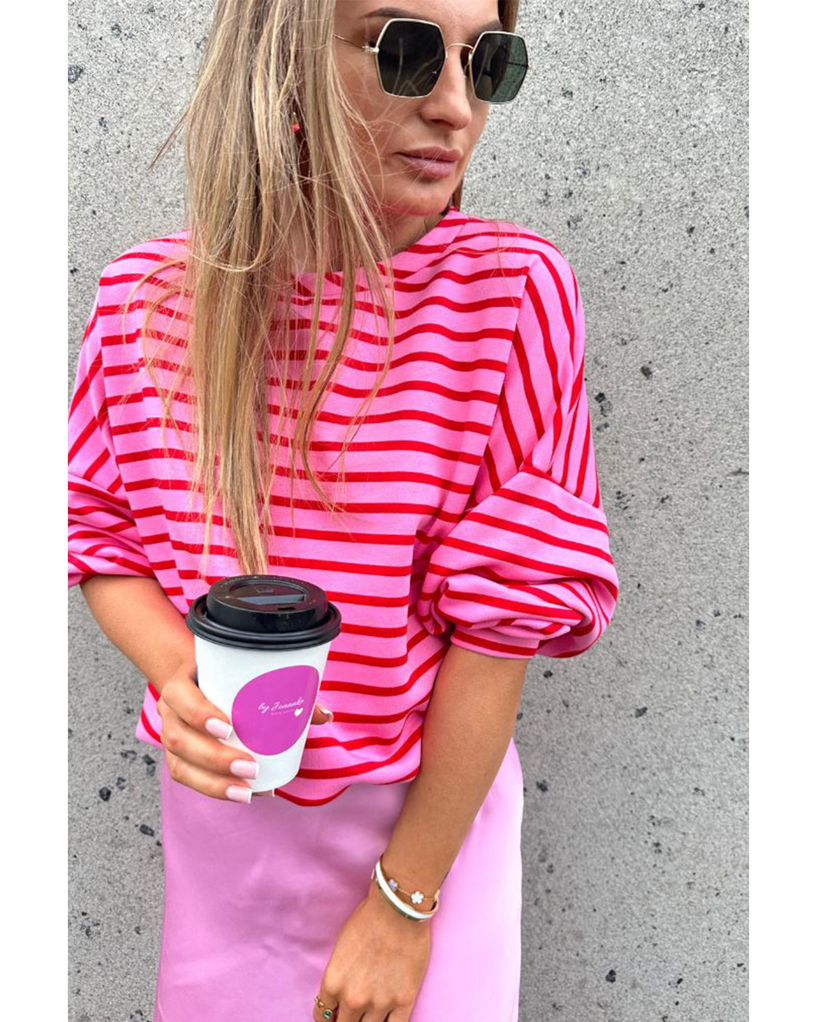 Sachet Pink Striped Print Crew Neck Drop Shoulder Sweatshirt - Image 3