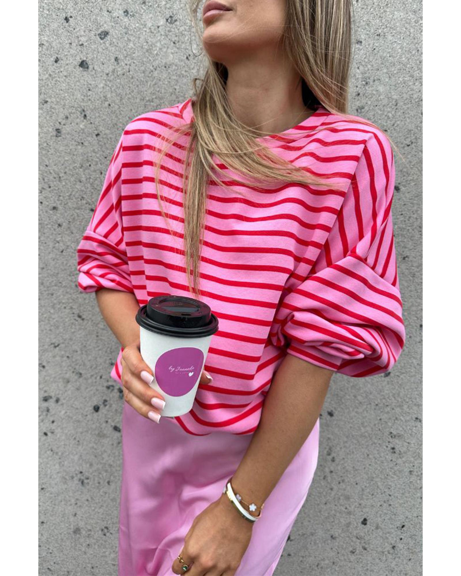 Sachet Pink Striped Print Crew Neck Drop Shoulder Sweatshirt - Image 5