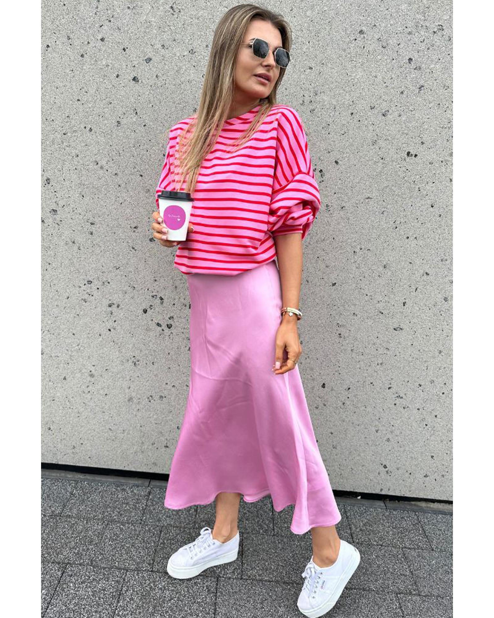 Sachet Pink Striped Print Crew Neck Drop Shoulder Sweatshirt - Image 6