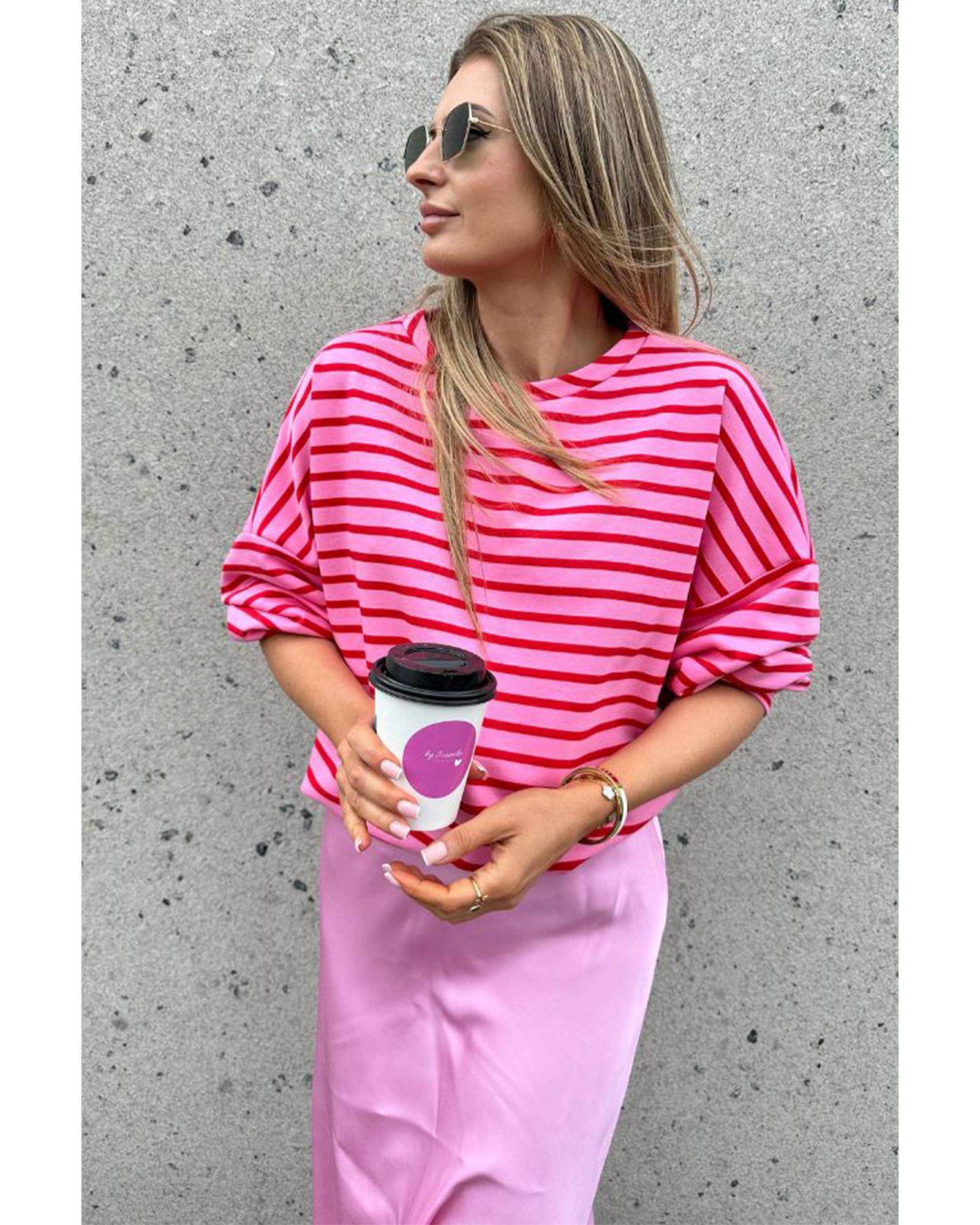 Sachet Pink Striped Print Crew Neck Drop Shoulder Sweatshirt - Image 8