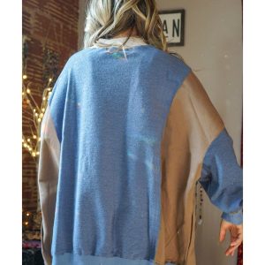 Sky Blue Ribbed Detail Color Block Sleeve Baggy Sweatshirt