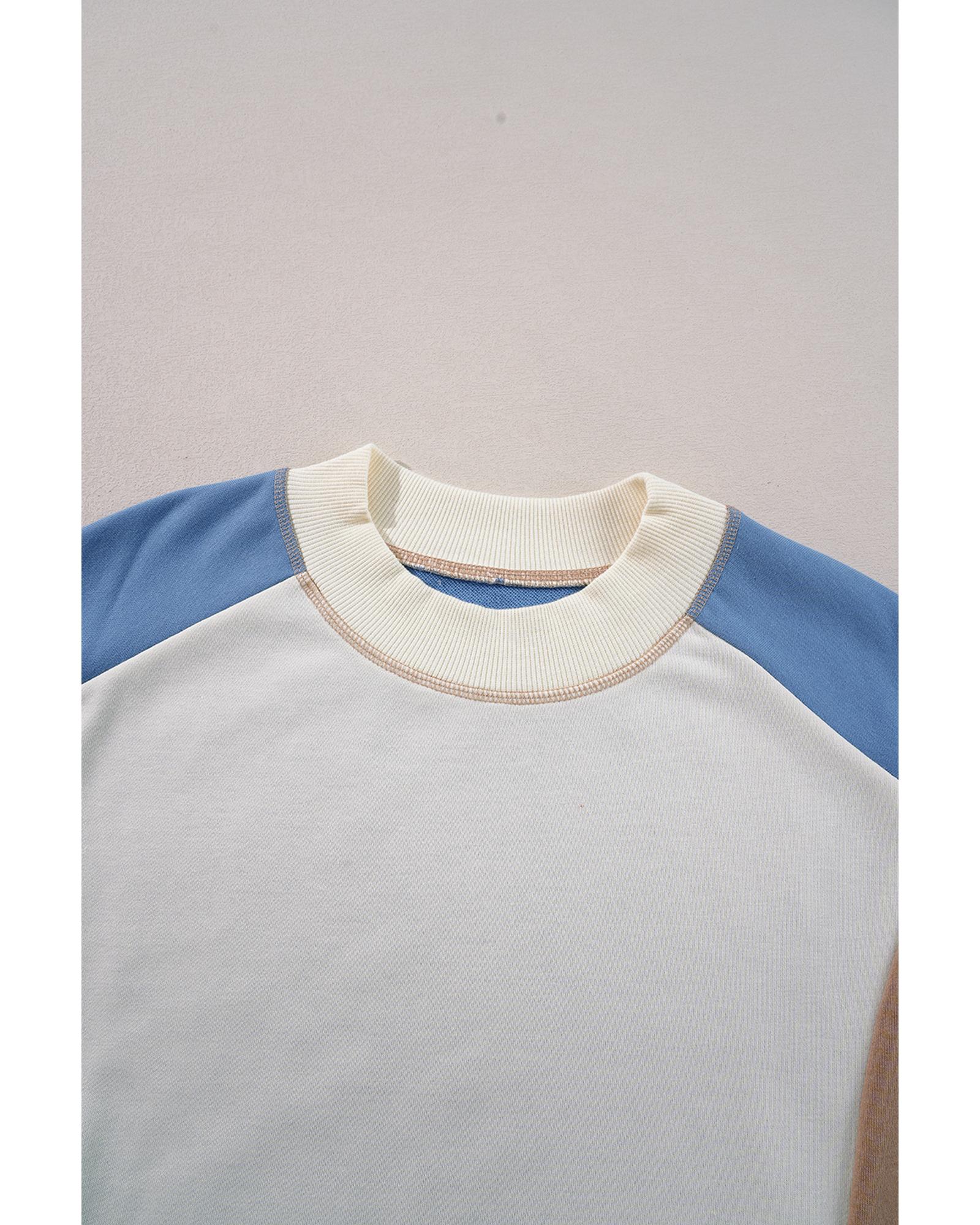 Sky Blue Ribbed Detail Color Block Sleeve Baggy Sweatshirt - Image 2