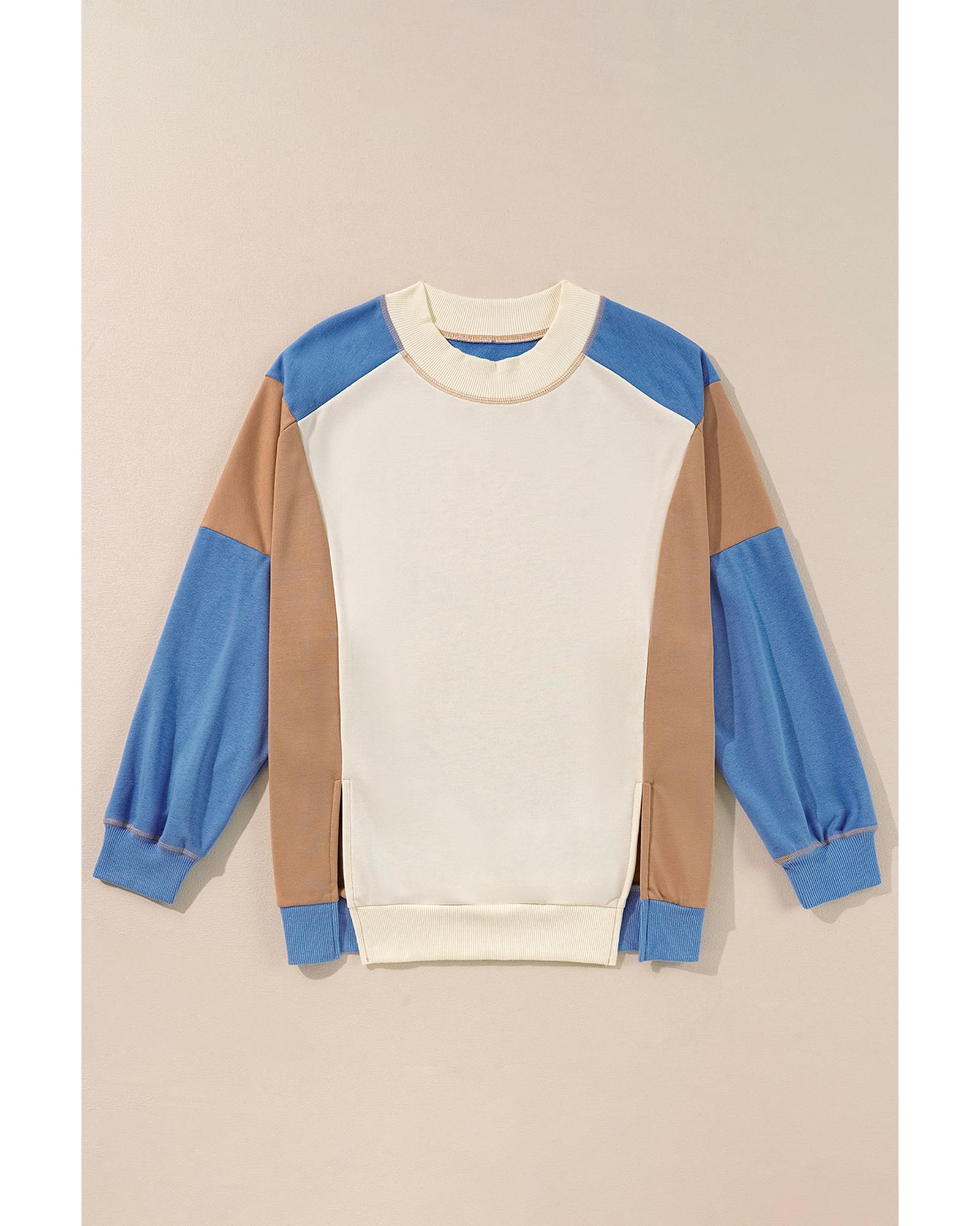 Sky Blue Ribbed Detail Color Block Sleeve Baggy Sweatshirt - Image 3