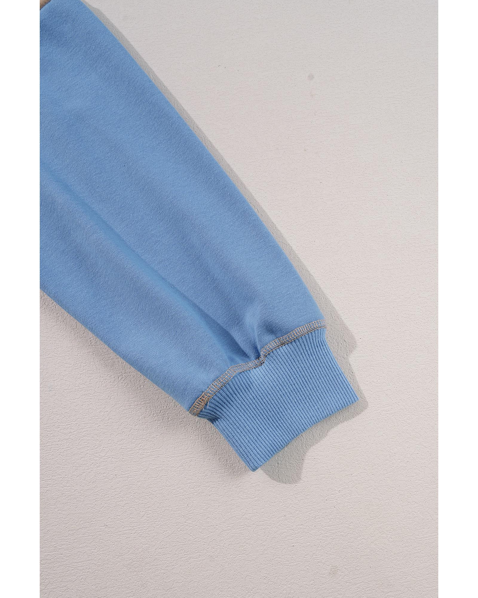 Sky Blue Ribbed Detail Color Block Sleeve Baggy Sweatshirt - Image 6