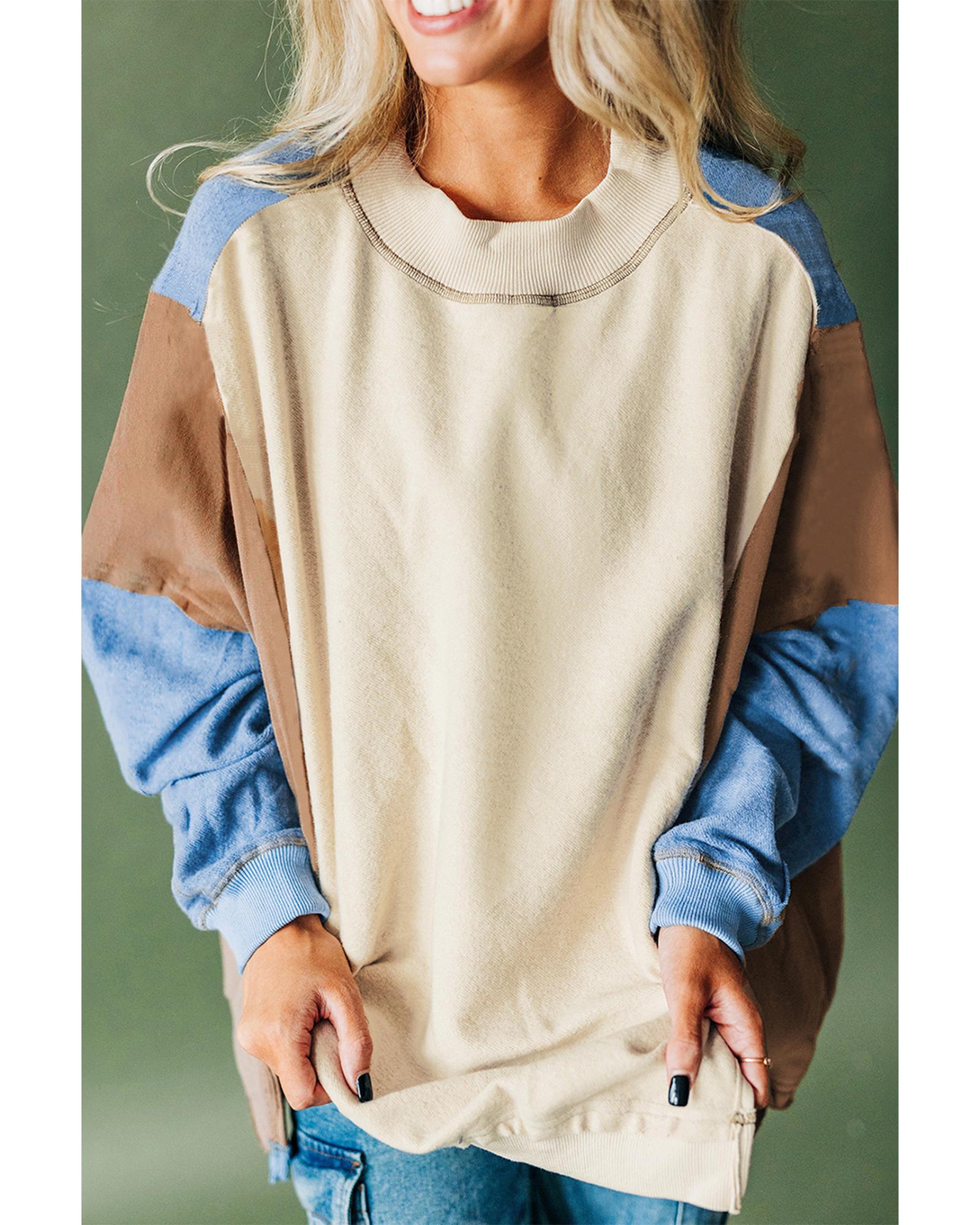 Sky Blue Ribbed Detail Color Block Sleeve Baggy Sweatshirt - Image 7