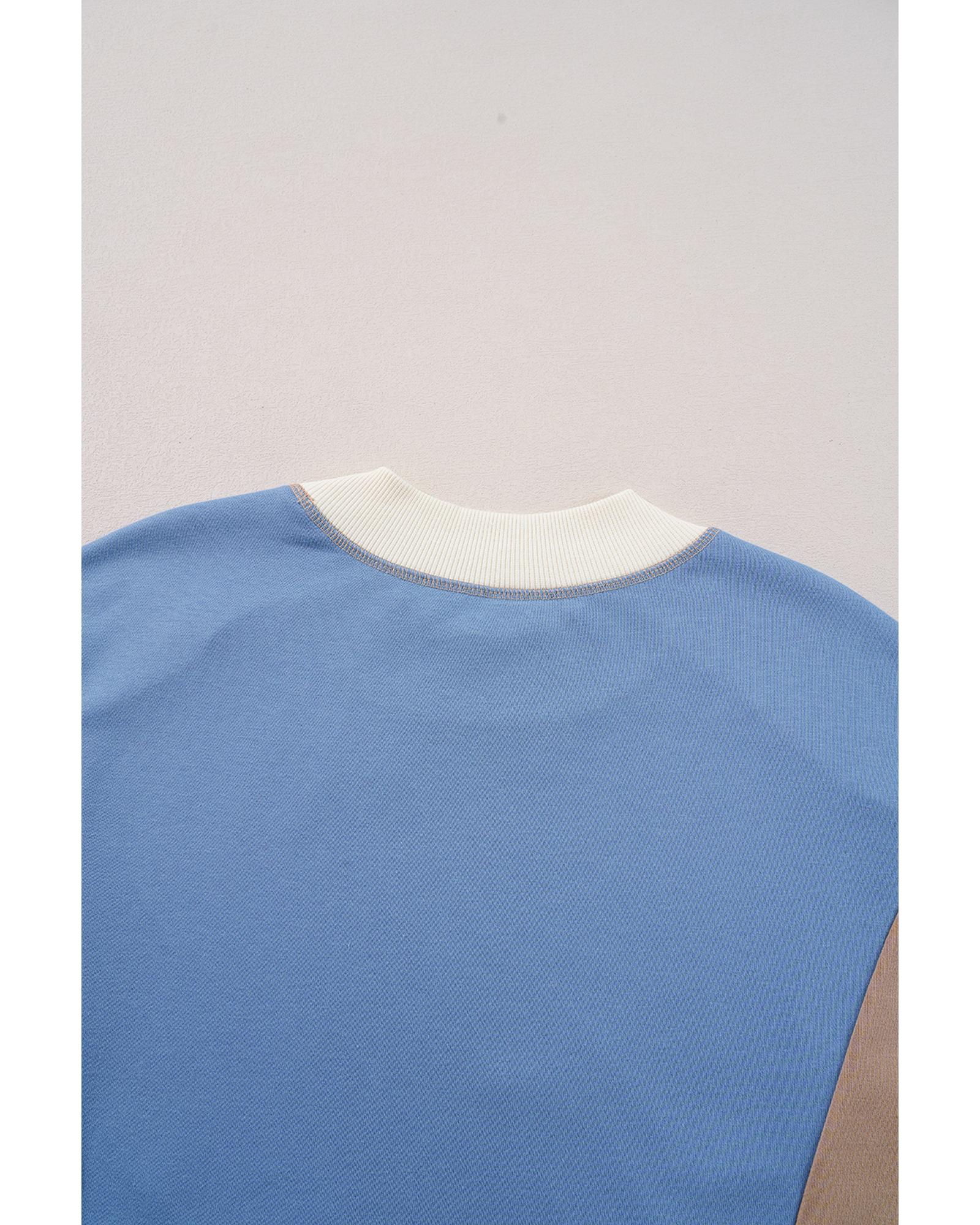 Sky Blue Ribbed Detail Color Block Sleeve Baggy Sweatshirt - Image 8