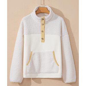 Beige Fleece Colorblock Trim Buttons Collar Sweatshirt with Pocket