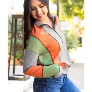 Light Grey Color Block Stitching Detail Half Zipper Sweatshirt