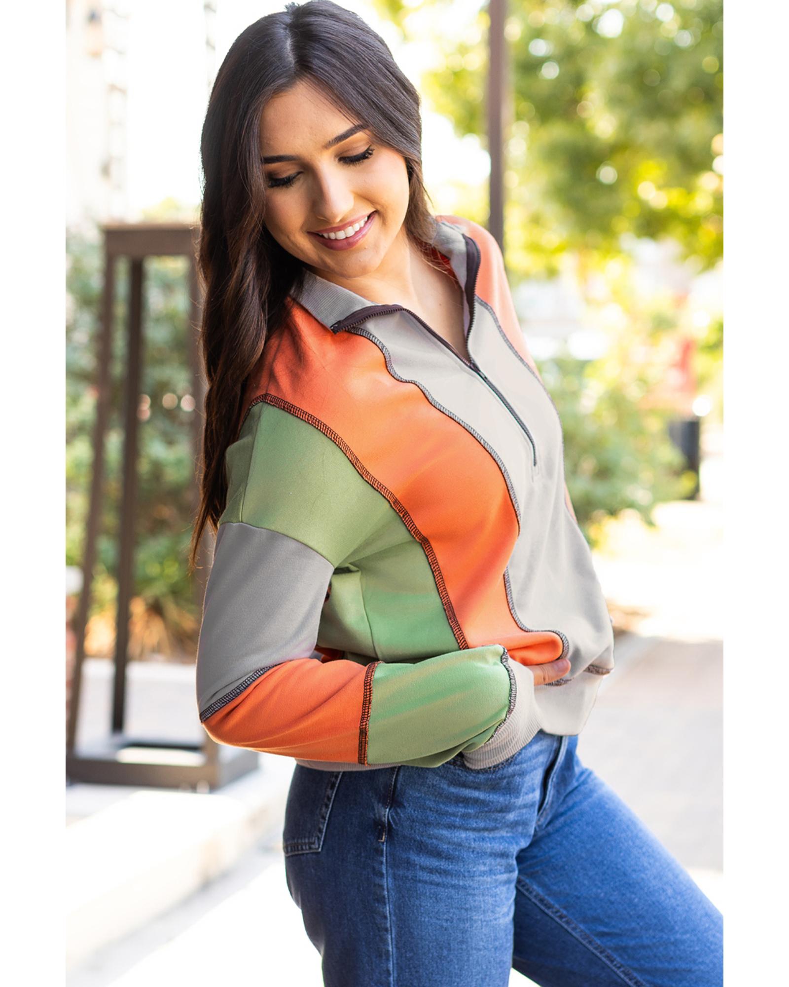 Light Grey Color Block Stitching Detail Half Zipper Sweatshirt