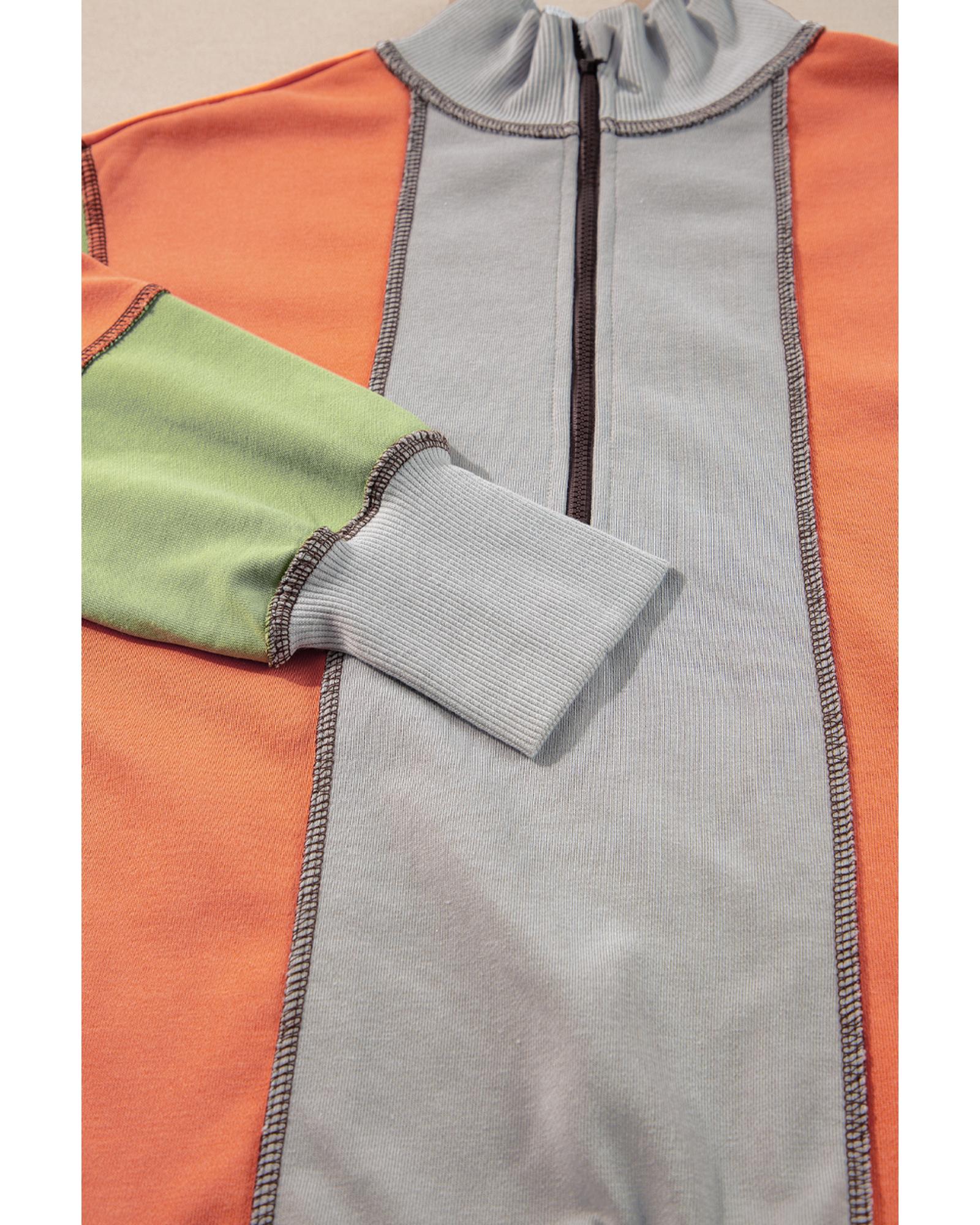 Light Grey Color Block Stitching Detail Half Zipper Sweatshirt - Image 3