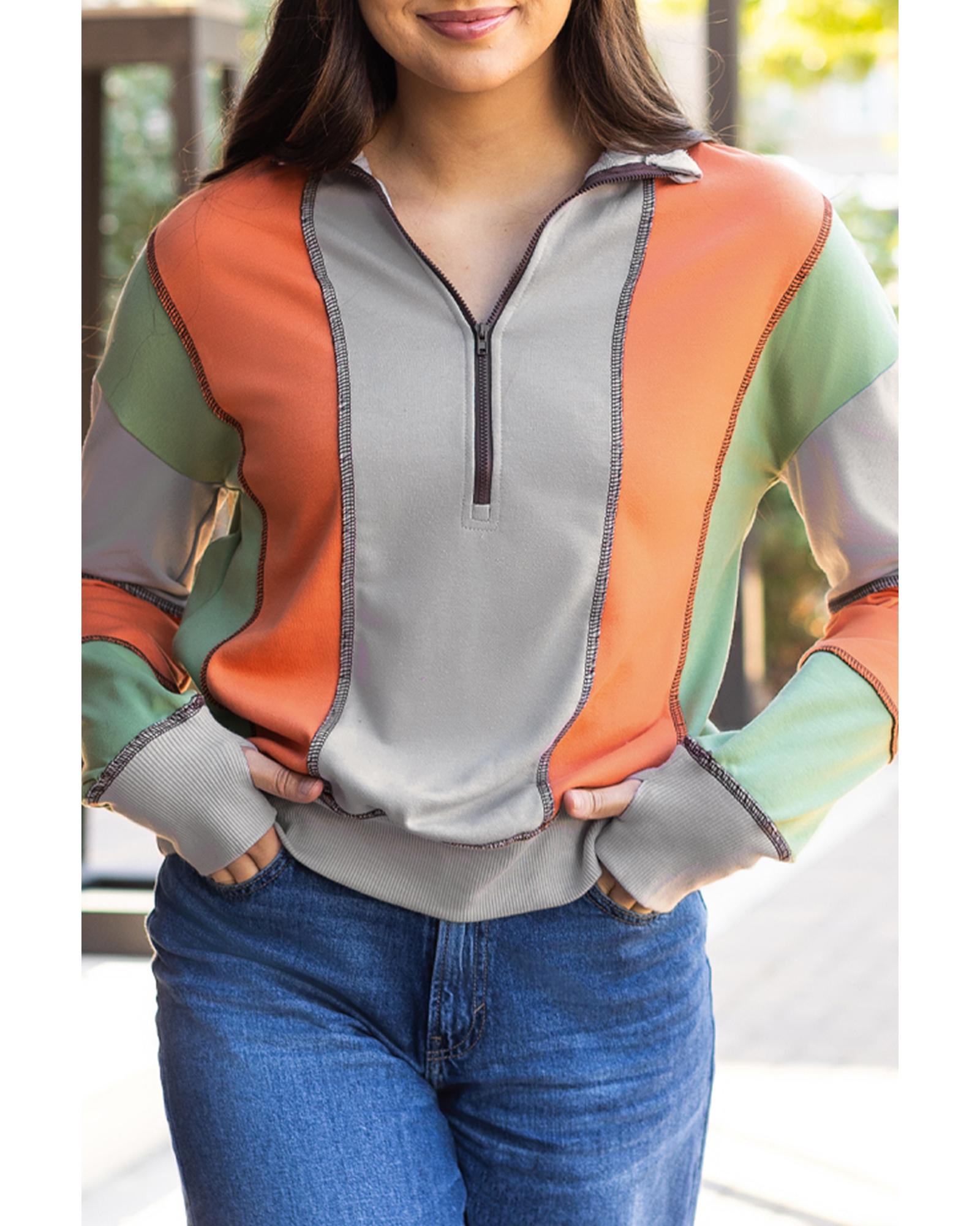 Light Grey Color Block Stitching Detail Half Zipper Sweatshirt - Image 6