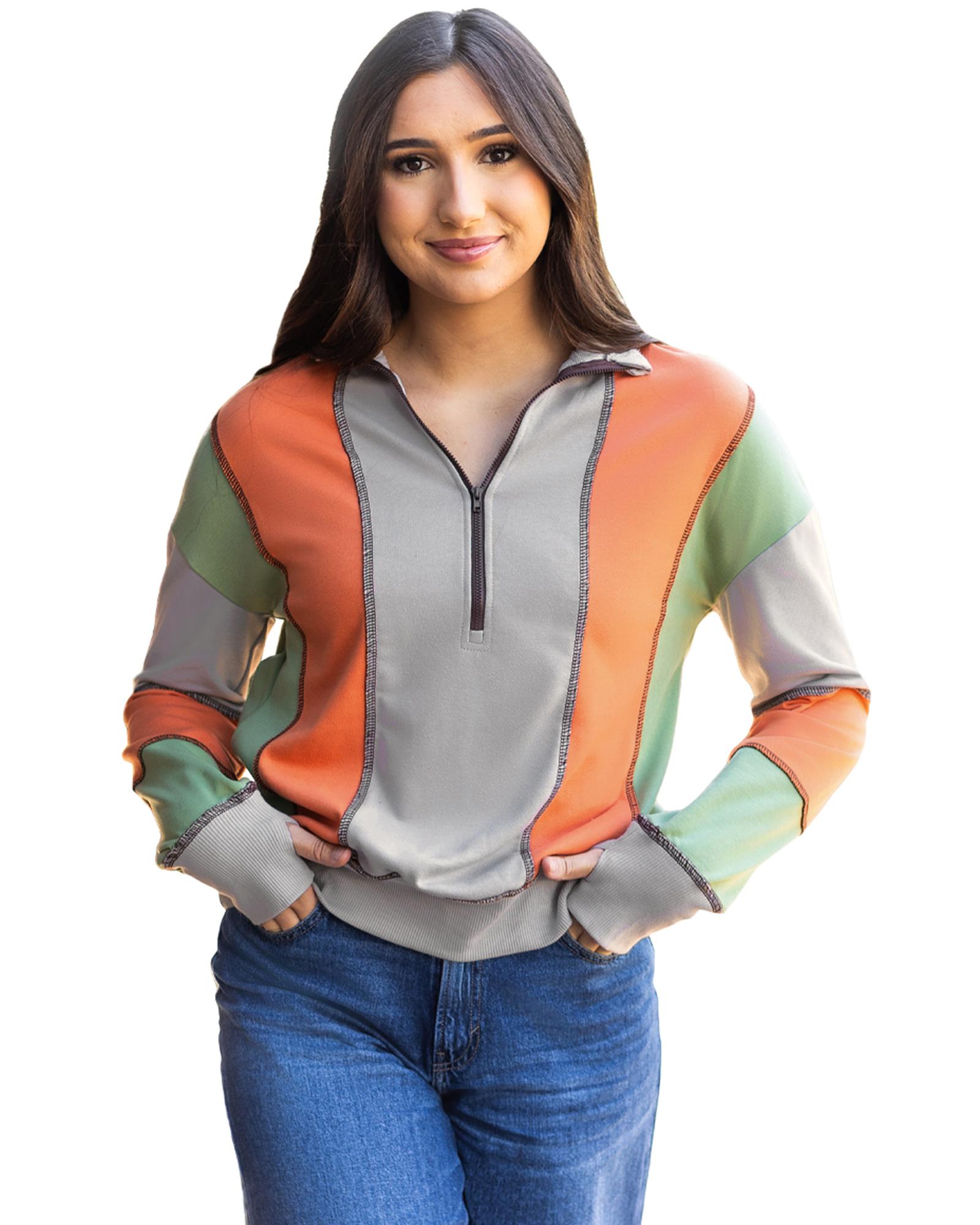 Light Grey Color Block Stitching Detail Half Zipper Sweatshirt - Image 7