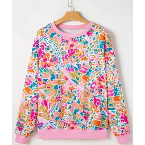 Pink Abstract Printed Drop Shoulder Loose Sweatshirt