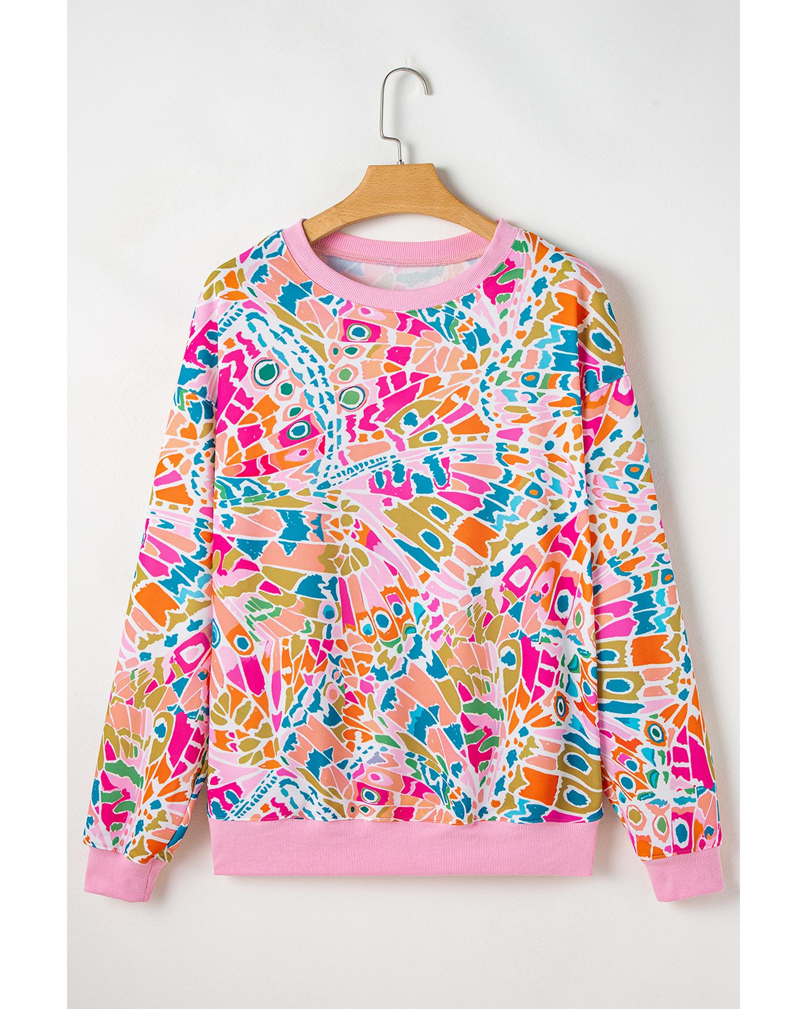 Pink Abstract Printed Drop Shoulder Loose Sweatshirt