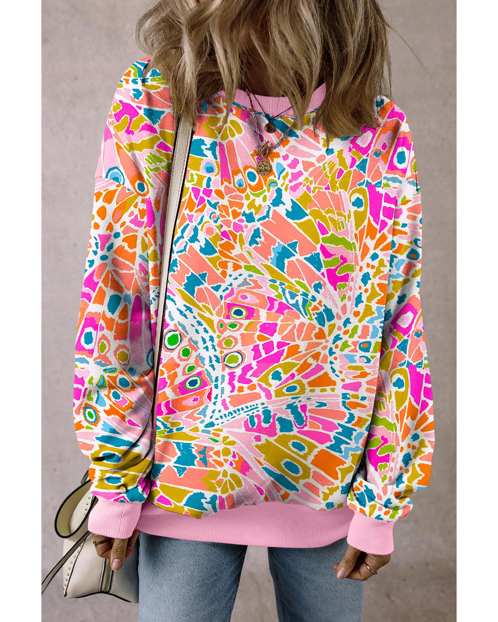 Pink Abstract Printed Drop Shoulder Loose Sweatshirt - Image 2