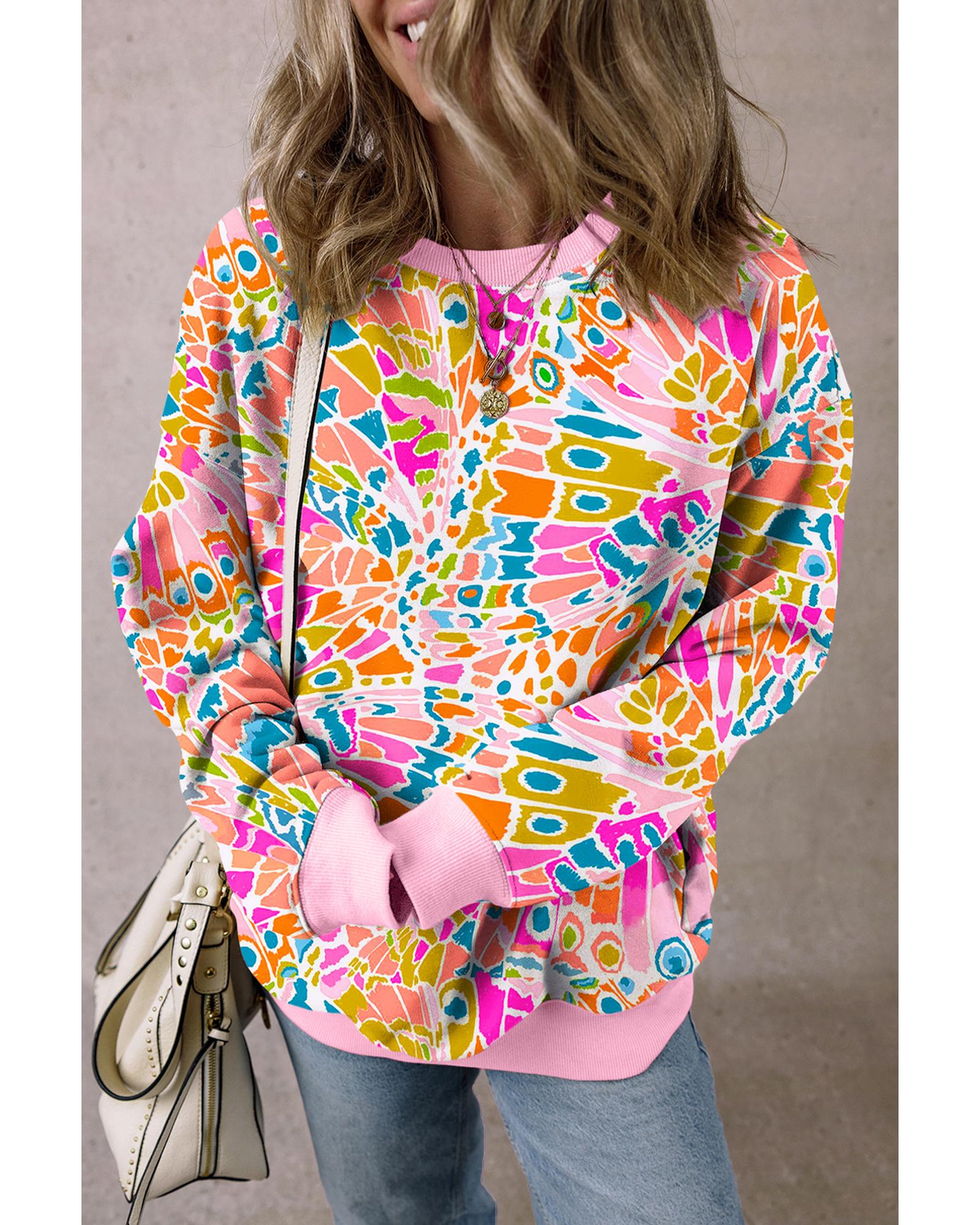 Pink Abstract Printed Drop Shoulder Loose Sweatshirt - Image 3