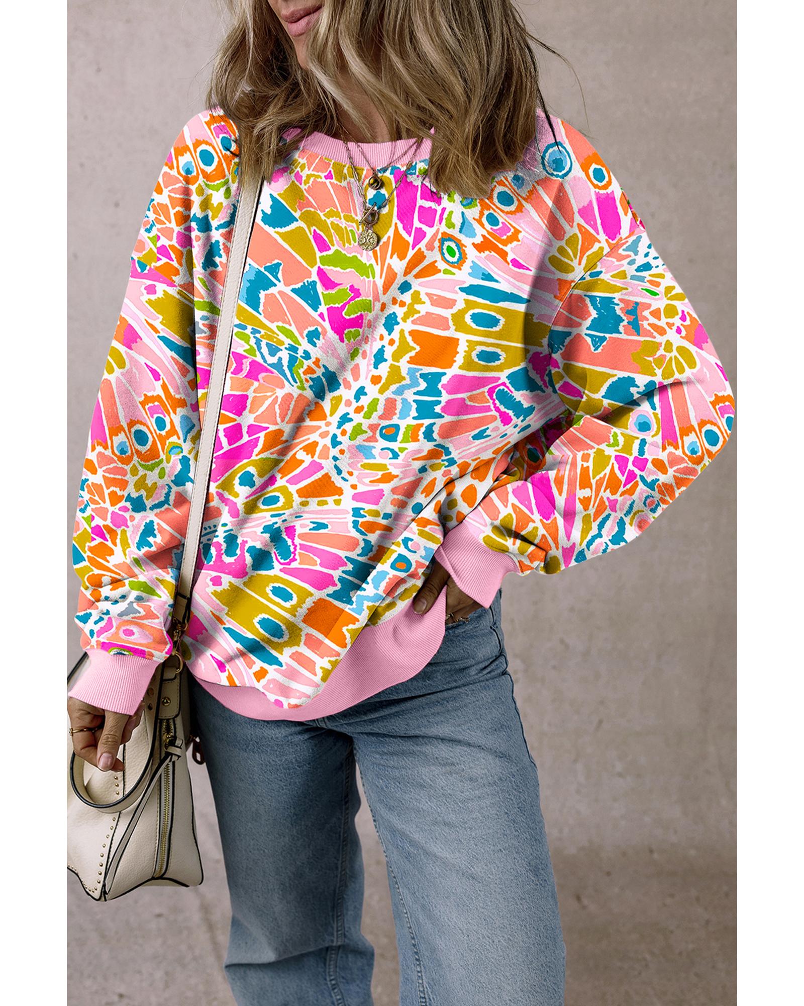 Pink Abstract Printed Drop Shoulder Loose Sweatshirt - Image 6