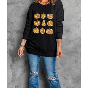 Black Floral Pumpkin Graphic Round Neck Halloween Sweatshirt