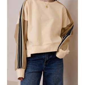 Beige Contrast Striped Patchwork Drop Shoulder Loose Sweatshirt