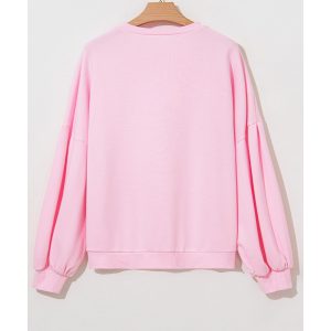 Light Pink Embroidered Bow Lantern Sleeve Oversized Pullover Sweatshirt