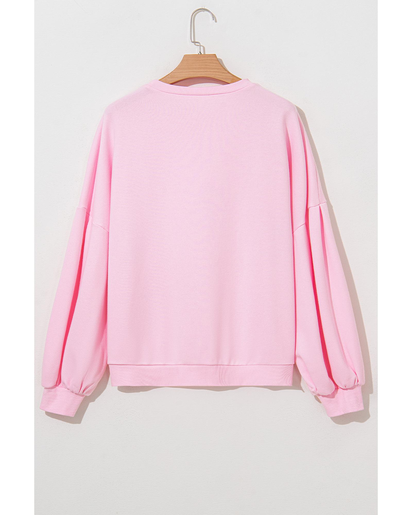 Light Pink Embroidered Bow Lantern Sleeve Oversized Pullover Sweatshirt