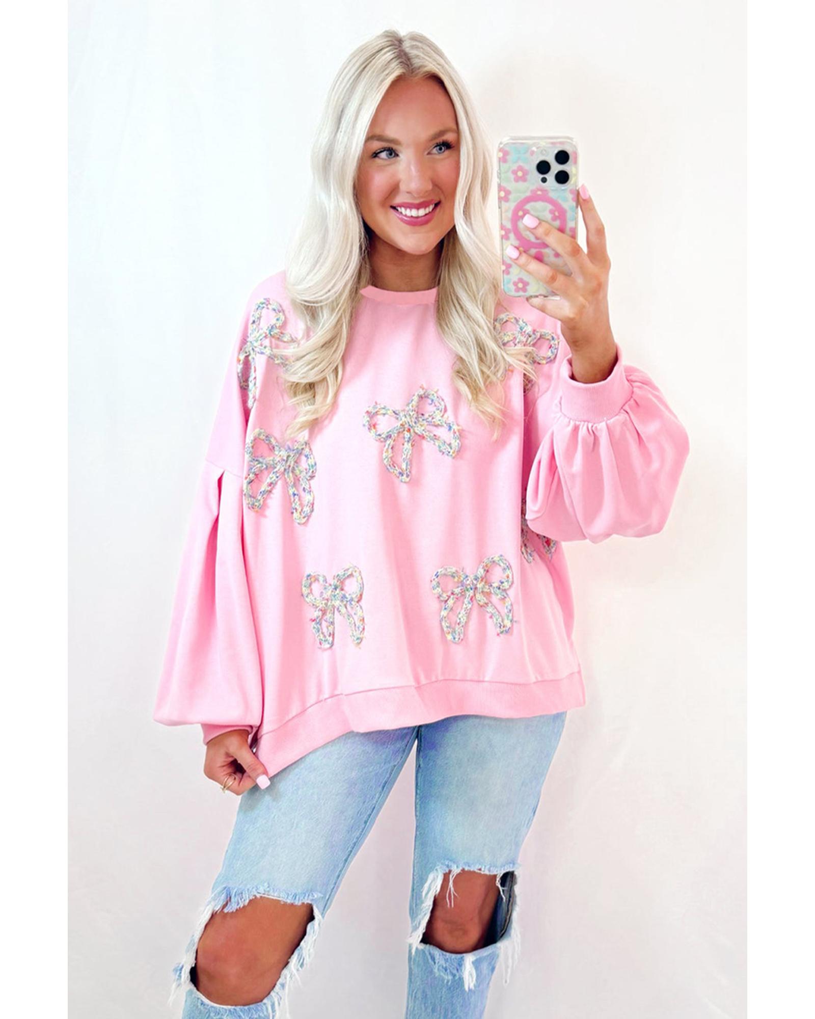 Light Pink Embroidered Bow Lantern Sleeve Oversized Pullover Sweatshirt - Image 2