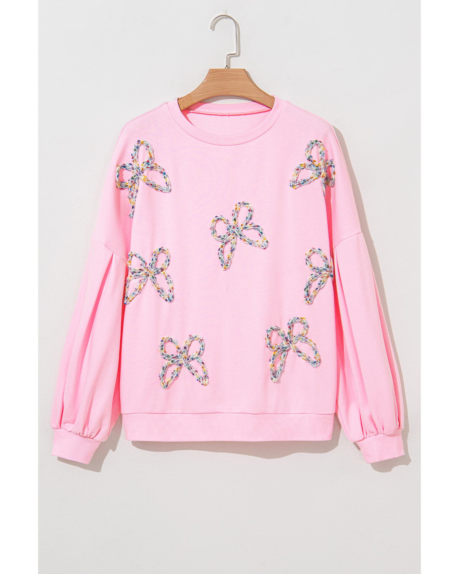 Light Pink Embroidered Bow Lantern Sleeve Oversized Pullover Sweatshirt - Image 3