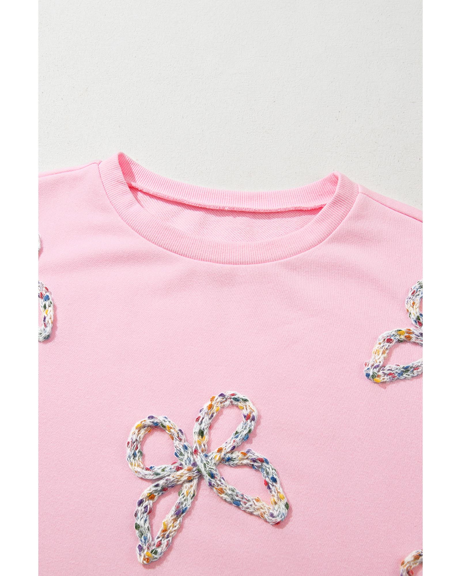 Light Pink Embroidered Bow Lantern Sleeve Oversized Pullover Sweatshirt - Image 4