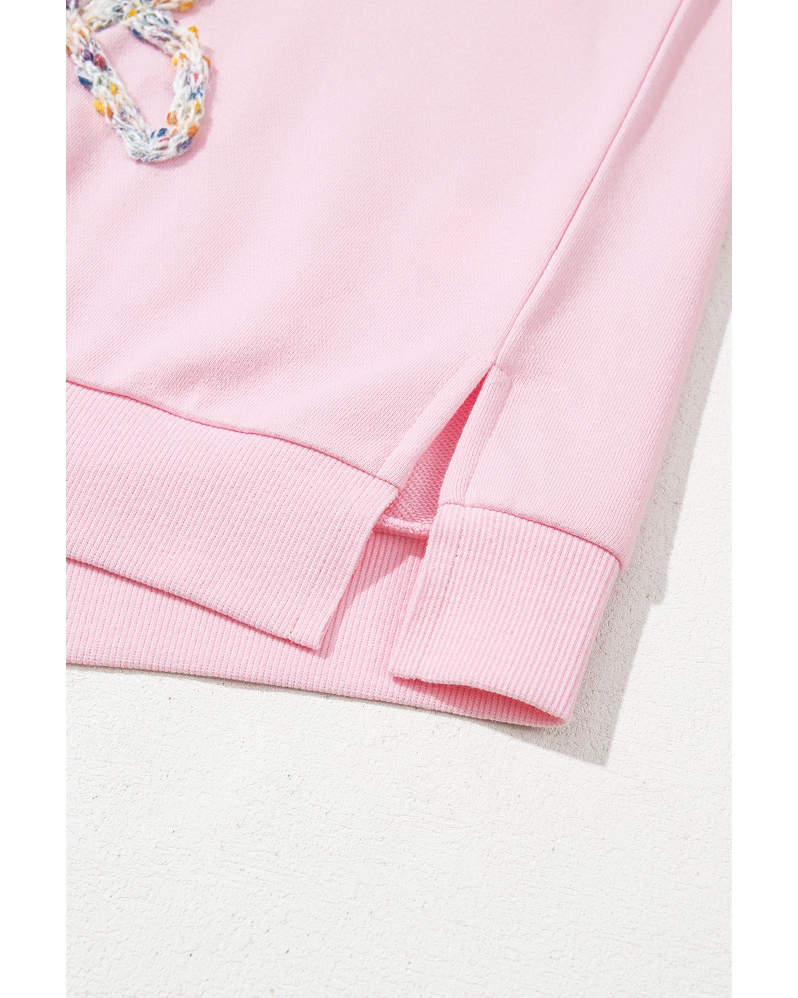Light Pink Embroidered Bow Lantern Sleeve Oversized Pullover Sweatshirt - Image 5