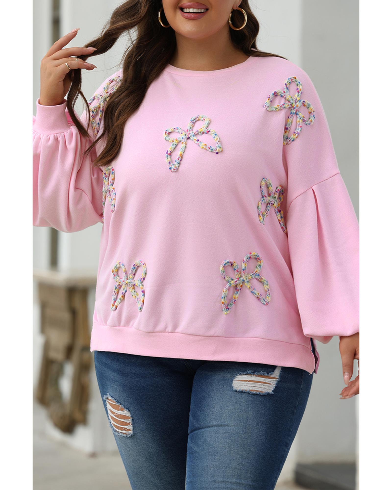 Light Pink Embroidered Bow Lantern Sleeve Oversized Pullover Sweatshirt - Image 6