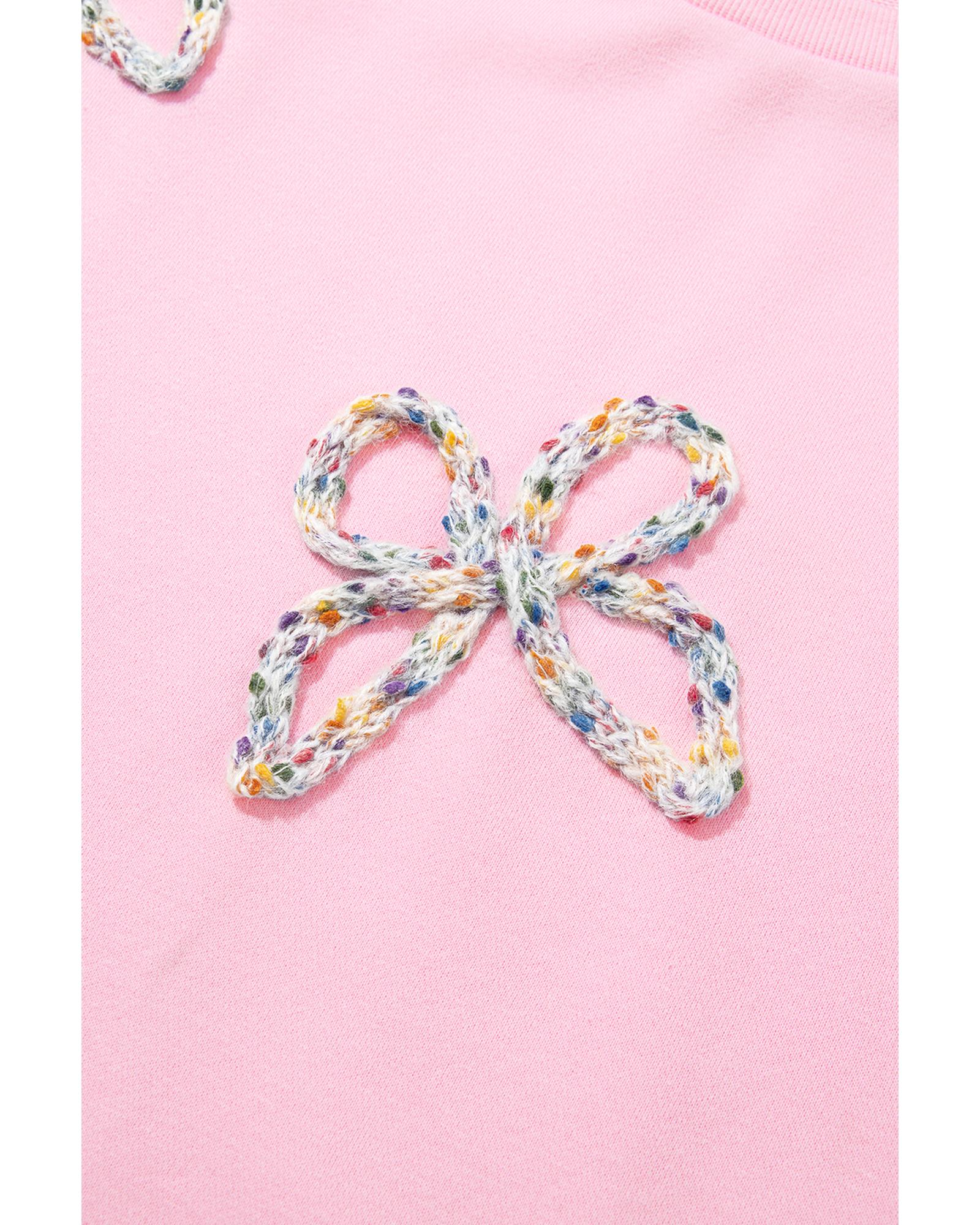 Light Pink Embroidered Bow Lantern Sleeve Oversized Pullover Sweatshirt - Image 7