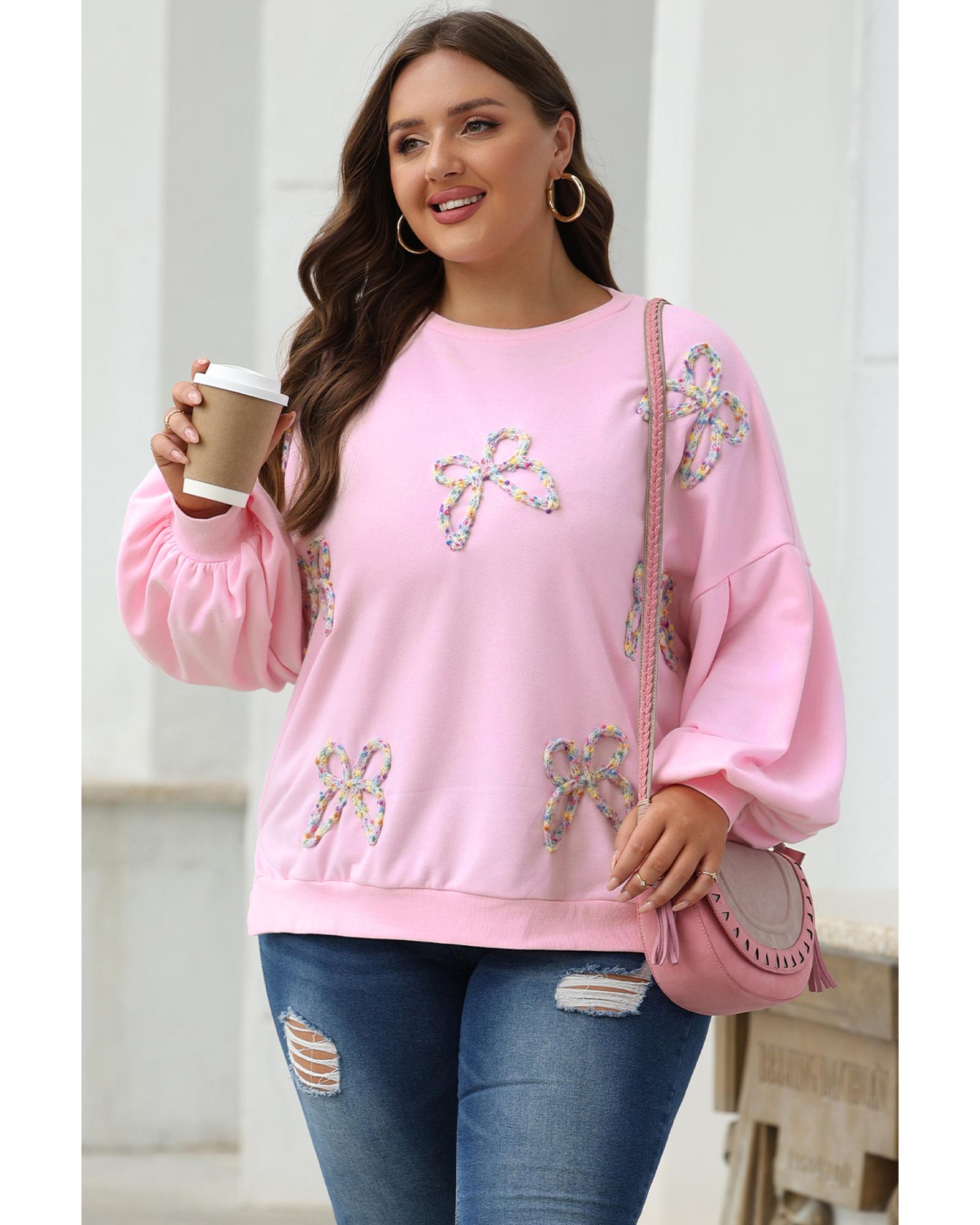 Light Pink Embroidered Bow Lantern Sleeve Oversized Pullover Sweatshirt - Image 8