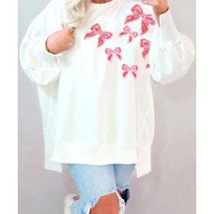 White Sequin Bowknot High Low Oversize Sweatshirt