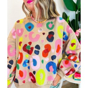 Khaki Multicolor Leopard Printed Drop Shoulder Pullover Sweatshirt