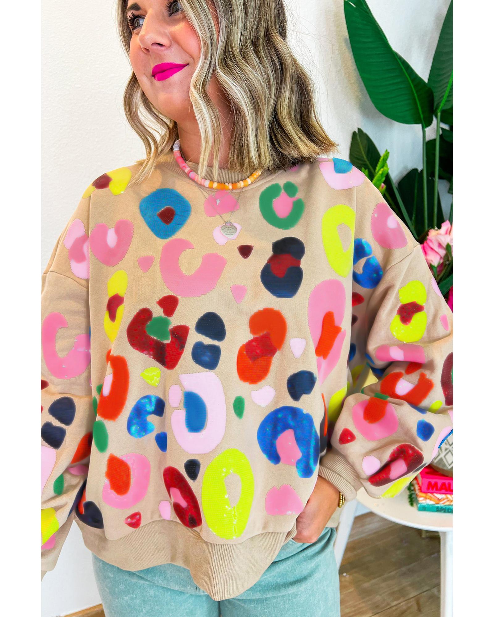 Khaki Multicolor Leopard Printed Drop Shoulder Pullover Sweatshirt