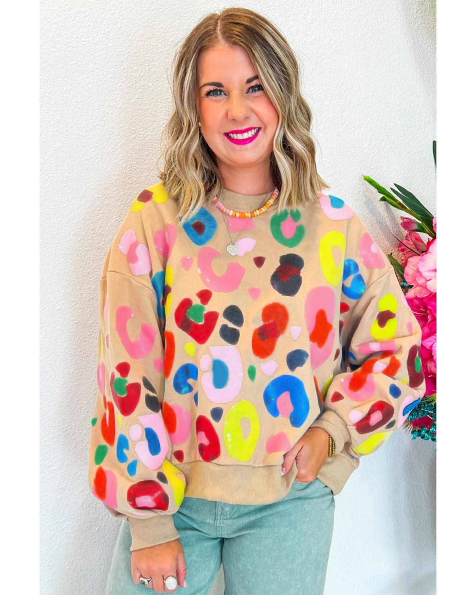 Khaki Multicolor Leopard Printed Drop Shoulder Pullover Sweatshirt - Image 2