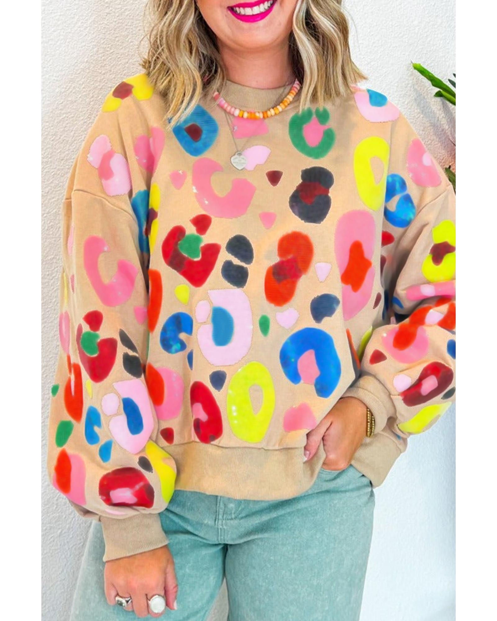 Khaki Multicolor Leopard Printed Drop Shoulder Pullover Sweatshirt - Image 4