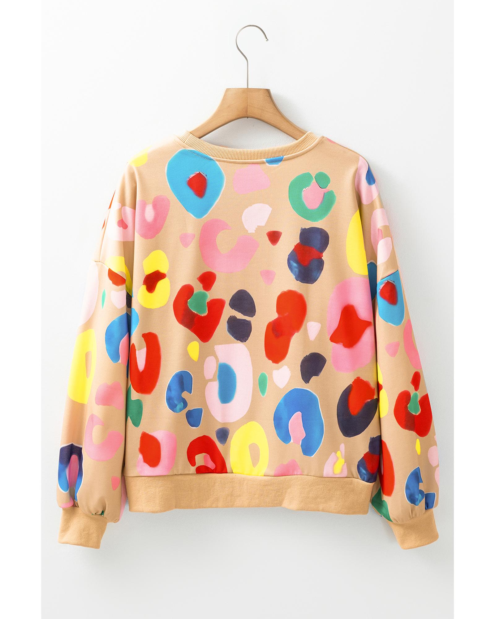 Khaki Multicolor Leopard Printed Drop Shoulder Pullover Sweatshirt - Image 7
