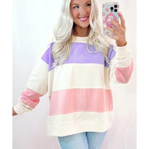 Beige Colorblock Patchwork Drop Shoulder Crewneck Sweatshirt