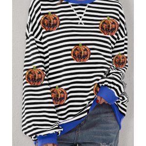 Black Stripe Funny Halloween Pumpkin Face Pattern Oversize Sweatshirt