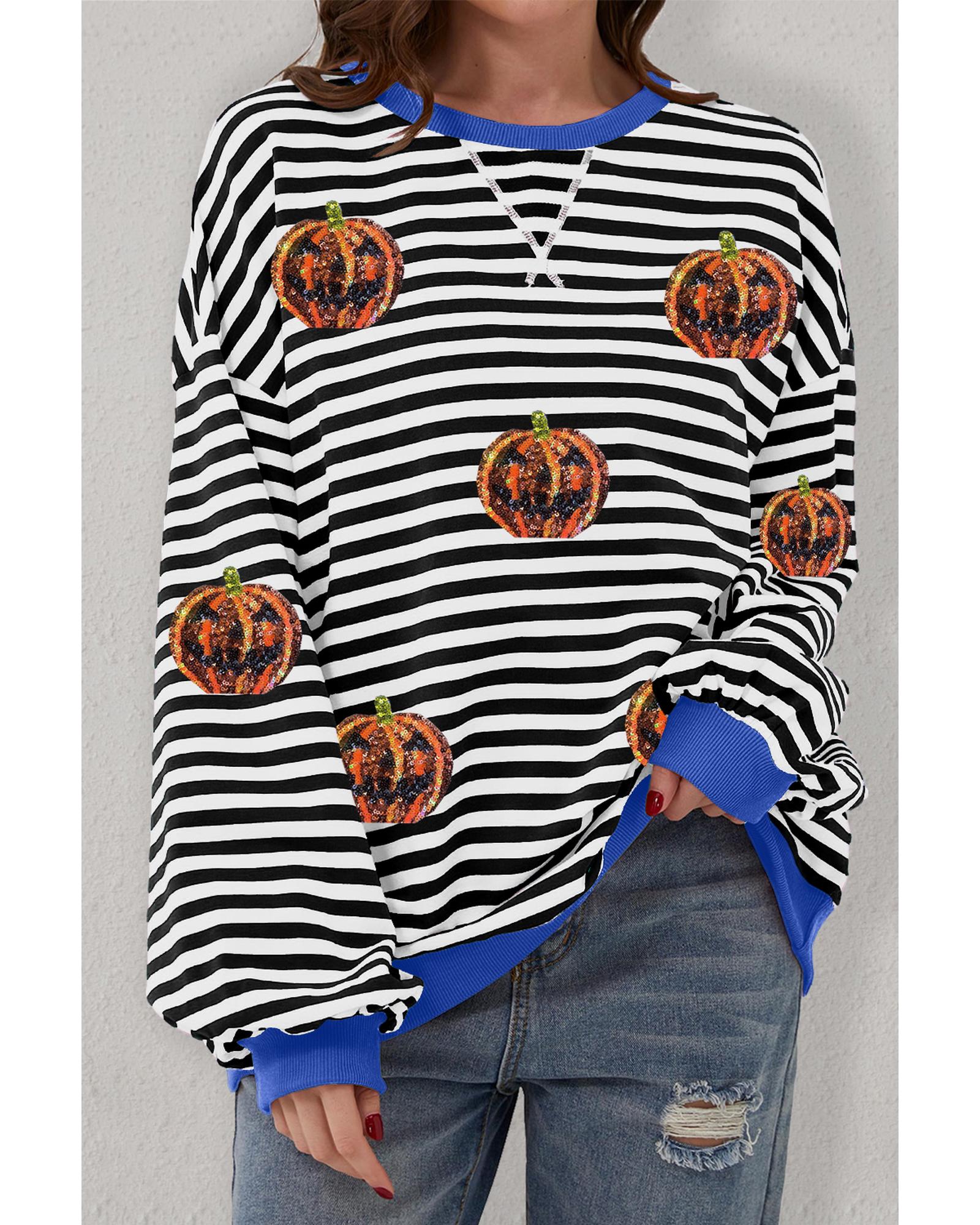 Black Stripe Funny Halloween Pumpkin Face Pattern Oversize Sweatshirt