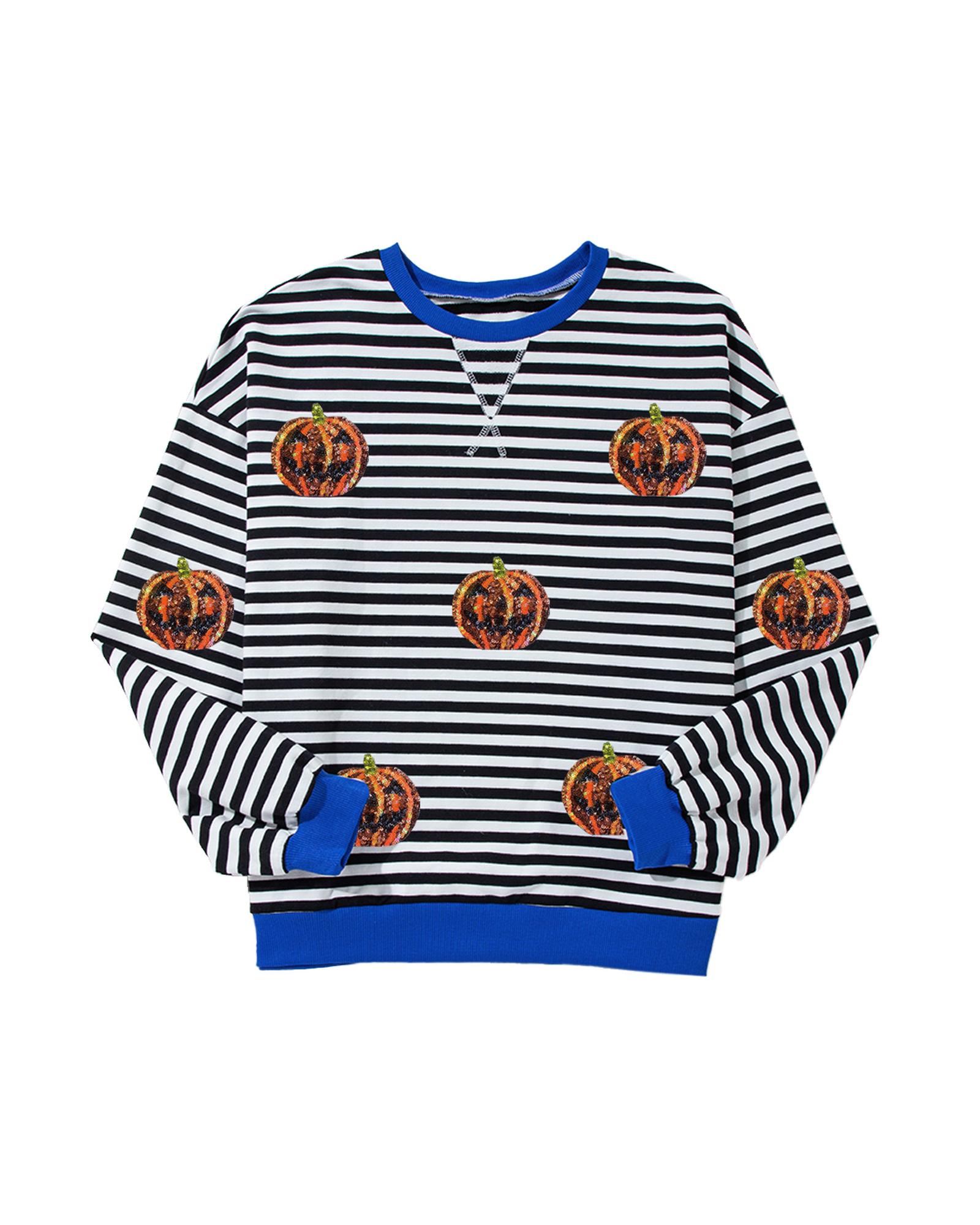 Black Stripe Funny Halloween Pumpkin Face Pattern Oversize Sweatshirt - Image 2